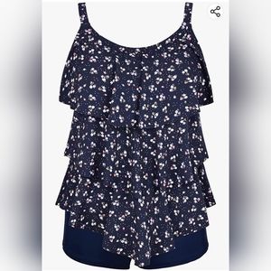 Tankini top by Septangle, ruffled, layered, navy floral from Amazon size 14